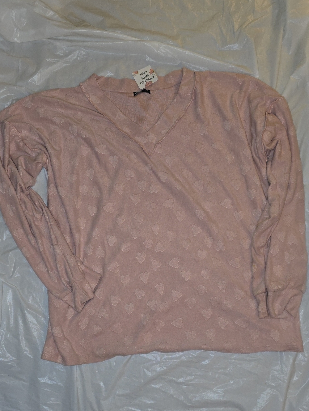 HEIMISH USA Pink V-Neck Heart Pattern Sweater